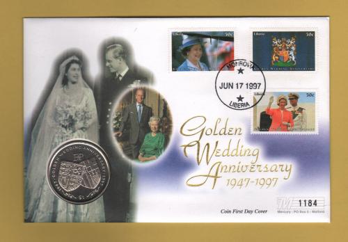 Westminster/Mercury - 17th June 1997 - `H.M Queen Elizabeth ll Golden Wedding Anniversary` - Liberia Coin/Stamp FDC