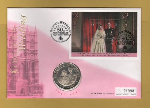 Westminster/Mercury - 21st April 1997 - `H.M Queen Elizabeth ll Golden Wedding Anniversary` - Turks & Caicos Islands Coin/Mini Sheet Stamp FDC