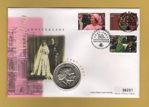 Westminster/Mercury - 21st April 1997 - `H.M Queen Elizabeth ll Golden Wedding Anniversary` - Turks & Caicos Islands Coin/Stamp FDC