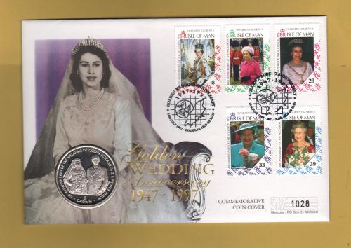 Westminster/Mercury - 10th July 1997 - `H.M Queen Elizabeth ll Golden Wedding Anniversary` - Isle of Man Coin/Stamp FDC