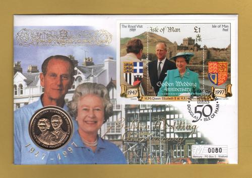Westminster/Mercury - 3rd November 1997 - `H.M Queen Elizabeth ll Golden Wedding Anniversary` - Isle of Man Coin/Mini Sheet Stamp FDC