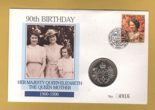 Westminster/Mercury - 4th August 1990 - `H.M Queen Elizabeth The Queen Mother - 90th Birthday` - Jersey Coin/Stamp Cover