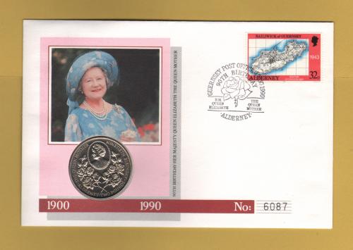 Westminster/Mercury - 4th August 1990 - `H.M Queen Elizabeth The Queen Mother - 90th Birthday` - Alderney Coin/Stamp Cover
