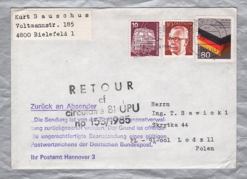 Return to Sender Cover - `Bielefeld 17-12-85` Postmark with Slogan - Single 10 Pfennig,Single 30 Pfennig and Single 80 Pfennig Stamps