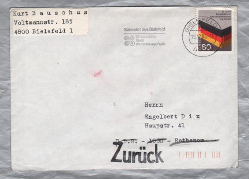 Return to Sender Cover - `Bielefeld 19-12-85` Postmark with Slogan - Single 80 Pfennig Stamp