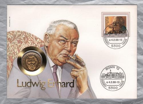 Ludwig Erhard 2 Deutche Mark 1988 Coin Cover - `Bonn 12 - 4.2.88 - Bundes Haus` Postmark - Single 80 Pfennig 90th Anniversary of the Birth of Ludwig Erhard 1987 Stamp