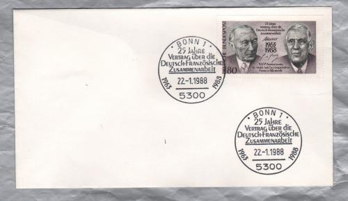 Independent Cover - `Bonn 1 - 25 Jahre Vertrag Uber Die Deutche-Franzosische Zusammenarbeit - 22-1-88 - 1963-1988` Postmark - Single 80 Pfennig 1988 25th Anniversary of the German-French Treaty Stamp