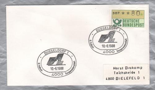 Independent Cover - `Dusseldorf 1 - 6.Fussball Euromeisterschaft - 10-6-1988` Pictorial Postmark - Single 80 Pfennig Klussendorf-ATM Label/Stamp