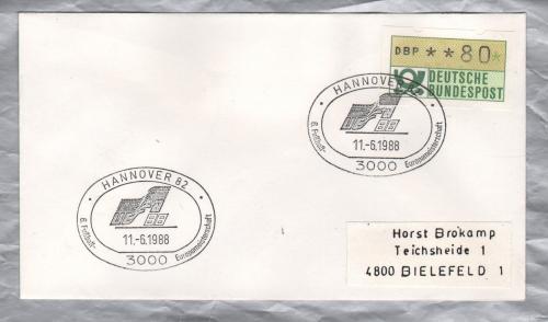 Independent Cover - `Hannover 1 - 6.Fussball Euromeisterschaft - 11-6-1988` Pictorial Postmark - Single 80 Pfennig Klussendorf-ATM Label/Stamp