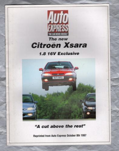 Sales Brochure - Auto Express Road Test - `The New CITROEN XARA 1.8 16v Exclusive` - October 1997 - English Language - Unpaginated (Cover to Cover 8 Pages) - A4 Sized Brochure