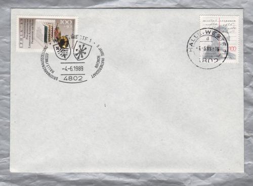 Independent Cover - Double HALLE, WESTF 1 Postmarks - 4-6-1989 - 100+50 Pfg Posthorn Philately Stamp Booklet & 100 Pfg Franz Xaver Gabelsberger Stamp Issued in 1989