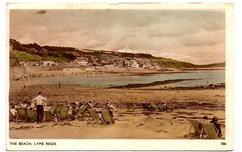 `The Beach, Lyme Regis` - Postally Used - Lyme Regis 21 September 1953 - Postmark - Dearden and Wade Postcard